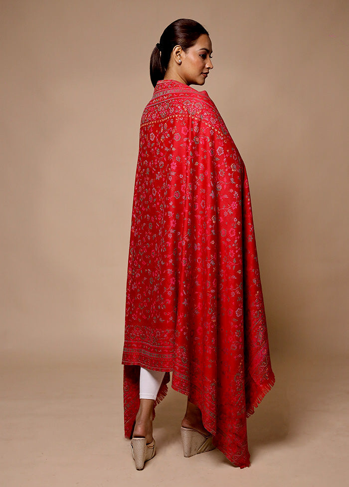 Red Butta Work With Zari Woven Border Shawl