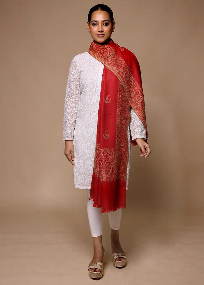 Red Butta Work With Zari Woven Border Shawl