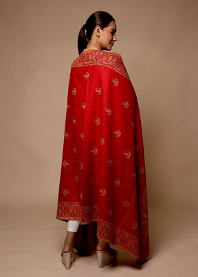 Red Butta Work With Zari Woven Border Shawl