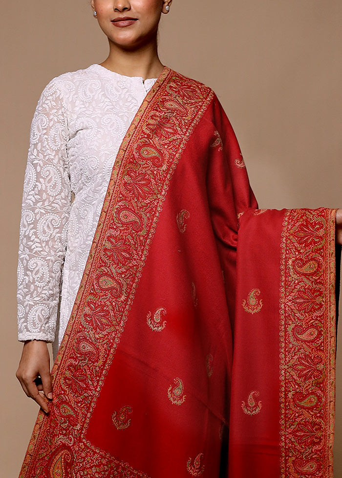 Red Butta Work With Zari Woven Border Shawl