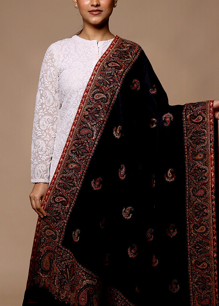 Black Butta Work With Zari Woven Border Shawl