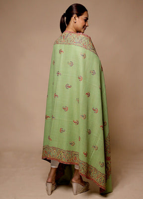 Green Butta Work With Zari Woven Border Shawl