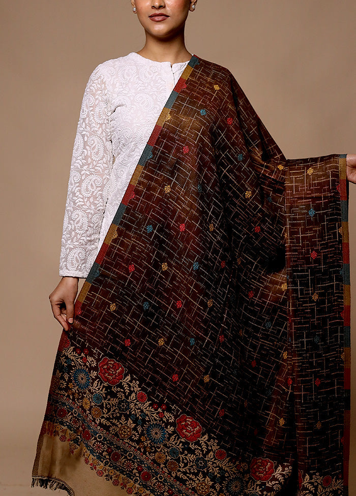 Brown Butta Work With Zari Woven Border Shawl