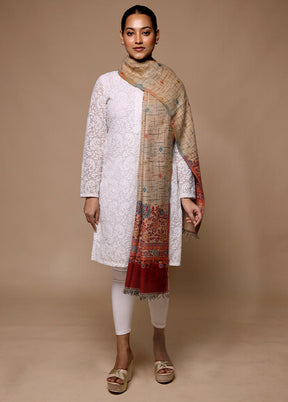 Cream Butta Work With Zari Woven Border Shawl