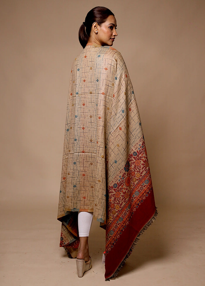 Cream Butta Work With Zari Woven Border Shawl