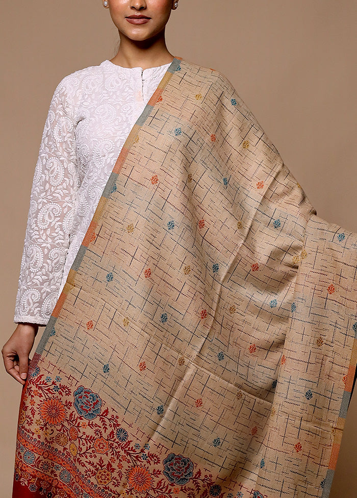 Cream Butta Work With Zari Woven Border Shawl