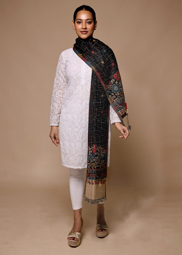 Black Butta Work With Zari Woven Border Shawl