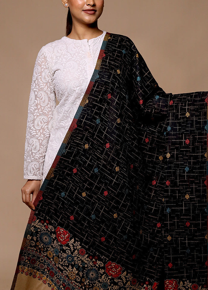 Black Butta Work With Zari Woven Border Shawl