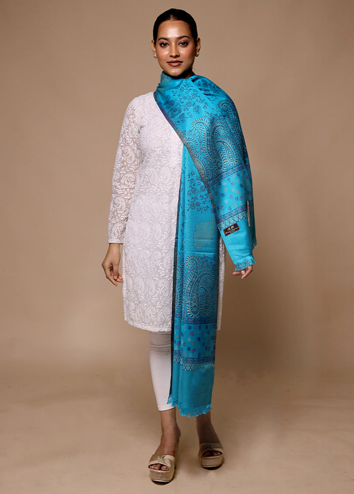 Blue Butta Work With Zari Woven Border Shawl