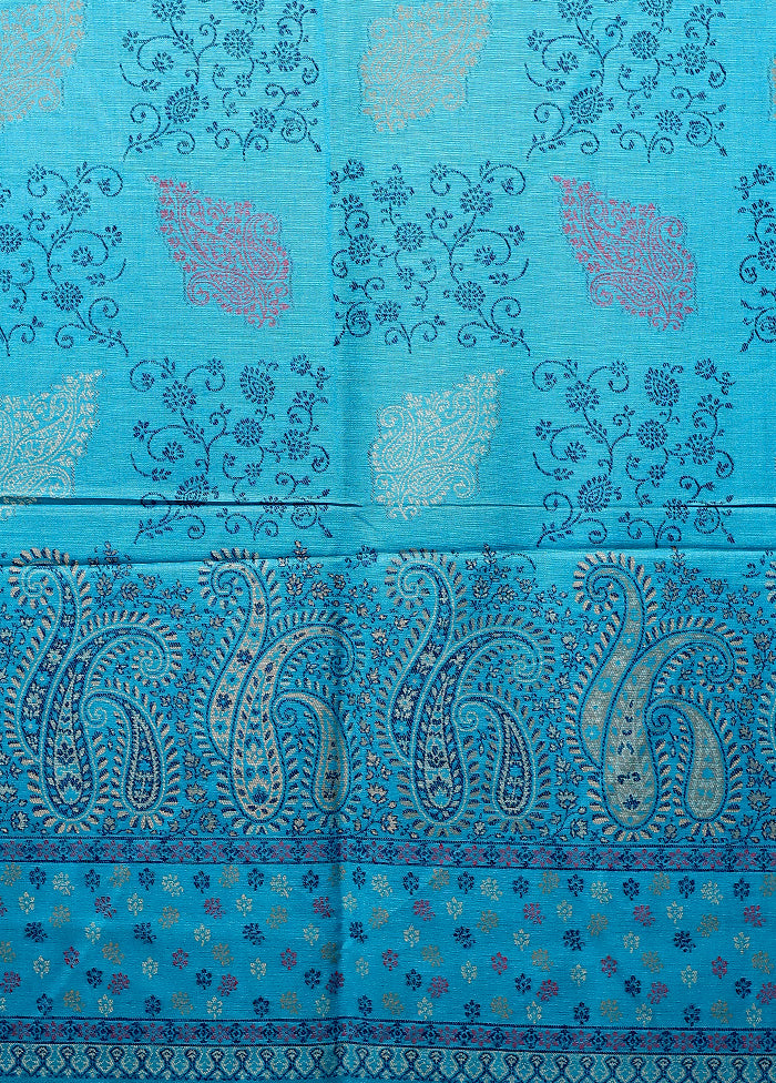 Blue Butta Work With Zari Woven Border Shawl