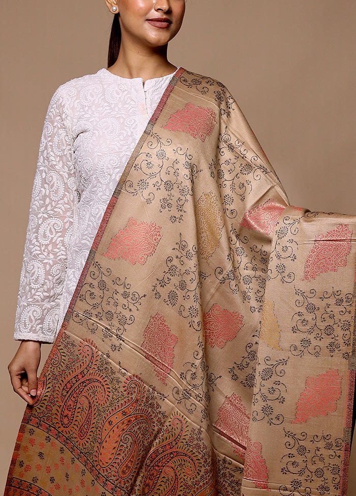 Cream Butta Work With Zari Woven Border Shawl