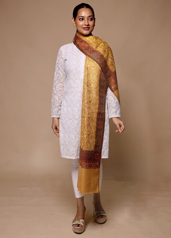 Yellow Butta Work With Zari Woven Border Shawl