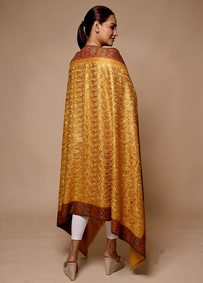 Yellow Butta Work With Zari Woven Border Shawl