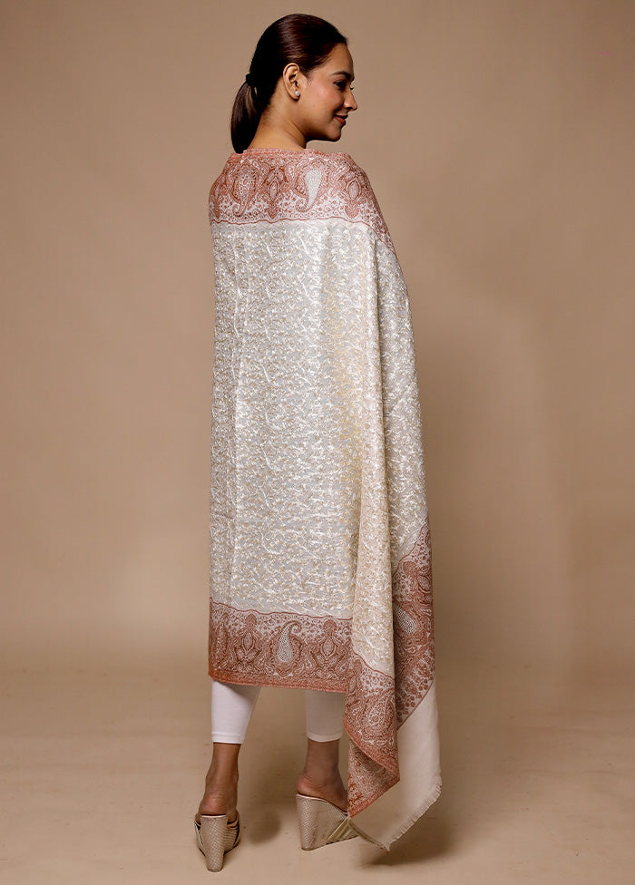 White Butta Work With Zari Woven Border Shawl