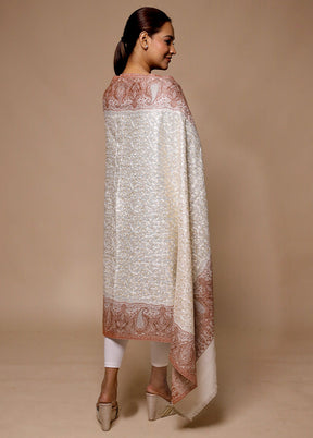 White Butta Work With Zari Woven Border Shawl