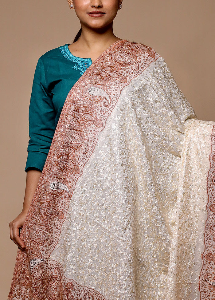 White Butta Work With Zari Woven Border Shawl