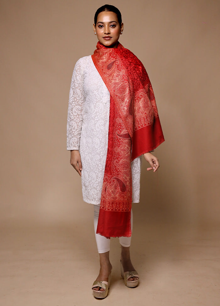 Red Butta Work With Zari Woven Border Shawl