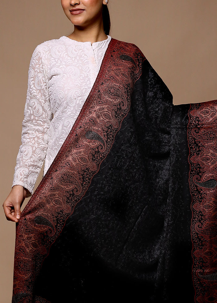 Black Butta Work With Zari Woven Border Shawl