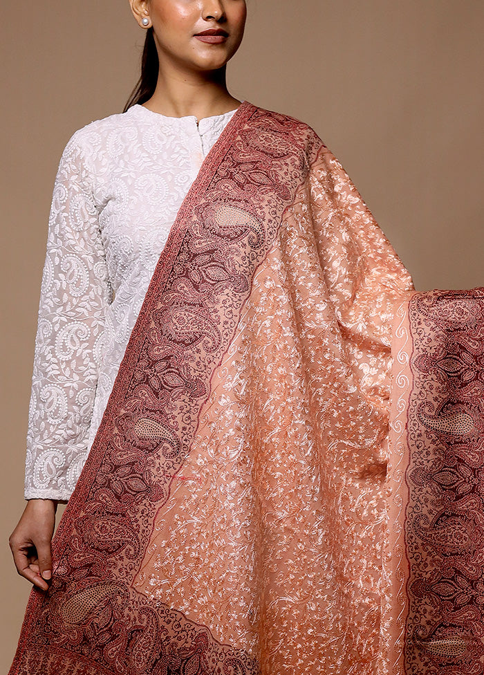 Peach Butta Work With Zari Woven Border Shawl