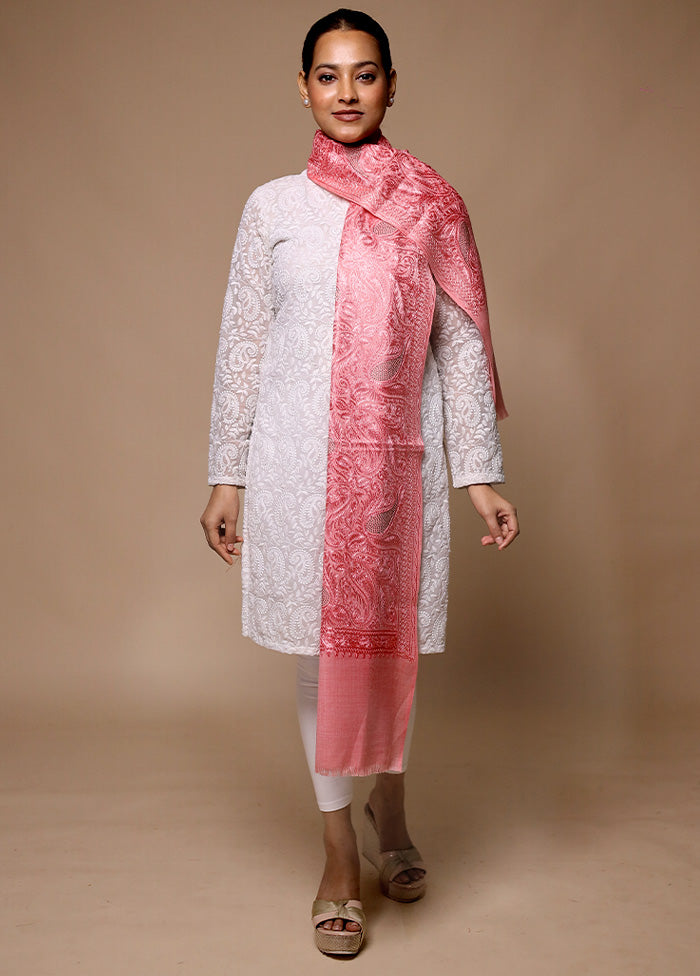 Pink Butta Work With Zari Woven Border Shawl