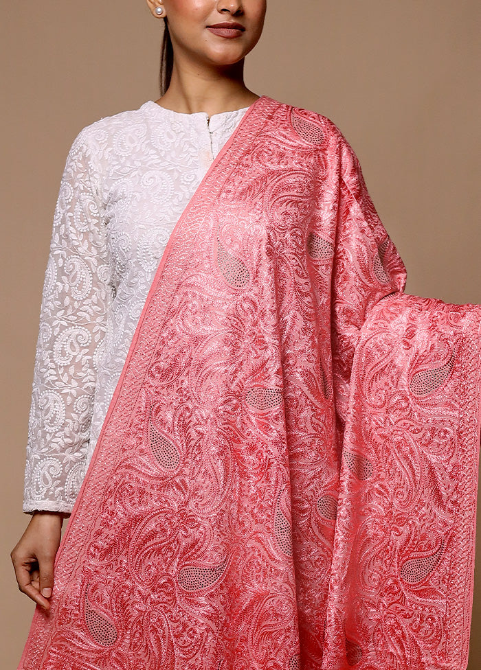 Pink Butta Work With Zari Woven Border Shawl