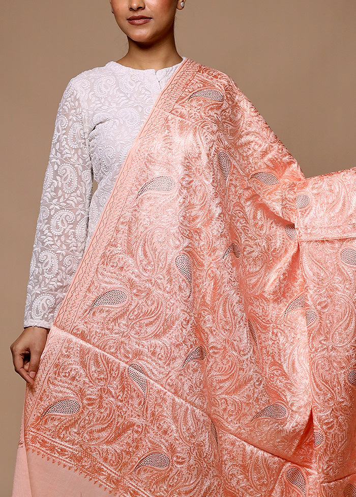 Peach Butta Work With Zari Woven Border Shawl