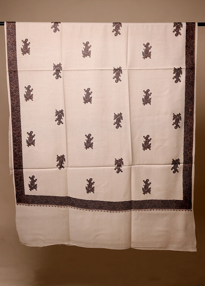 Cream Butta Work With Zari Woven Border Shawl