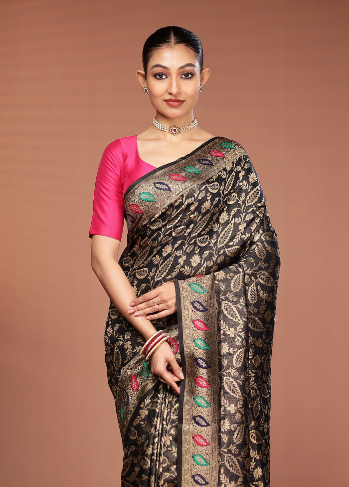 Black Dupion Silk Saree With Blouse Piece