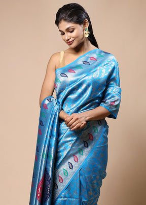 Blue Dupion Silk Saree With Blouse Piece