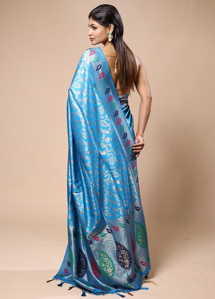 Blue Dupion Silk Saree With Blouse Piece