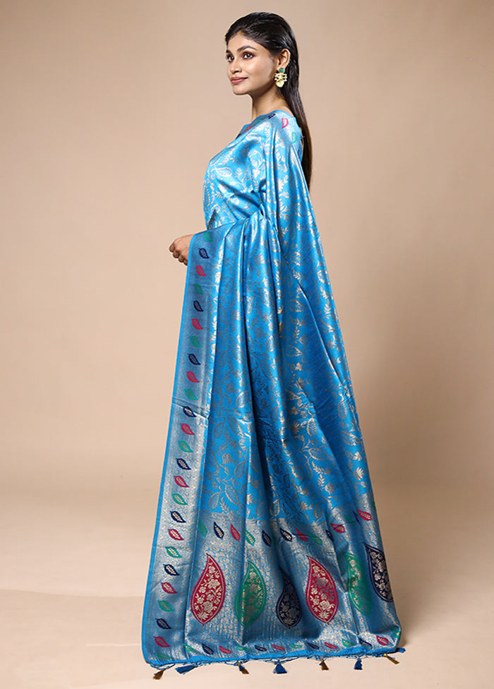 Blue Dupion Silk Saree With Blouse Piece