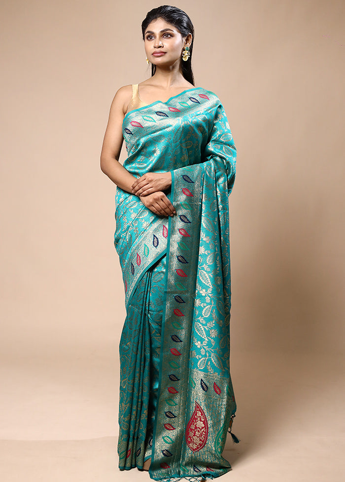 Teal Blue Dupion Silk Saree With Blouse Piece