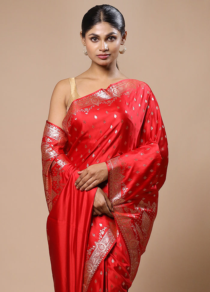 Red Banarasi Silk Saree With Blouse Piece