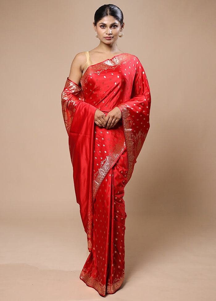 Red Banarasi Silk Saree With Blouse Piece