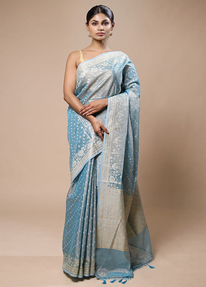 Blue Tissue Silk Saree With Blouse Piece