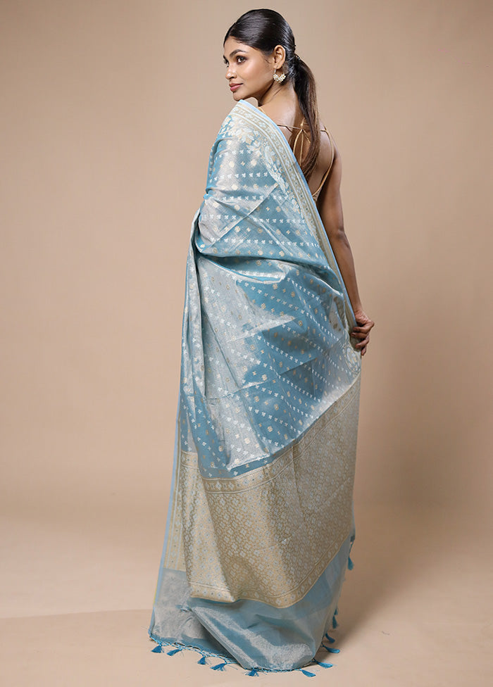 Blue Tissue Silk Saree With Blouse Piece