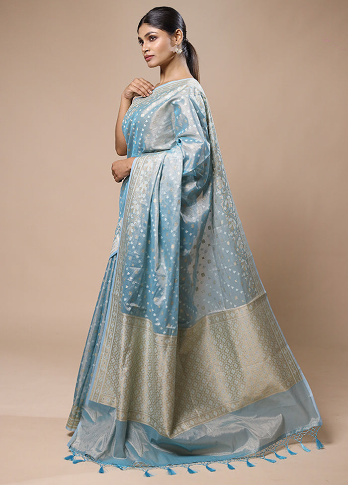 Blue Tissue Silk Saree With Blouse Piece