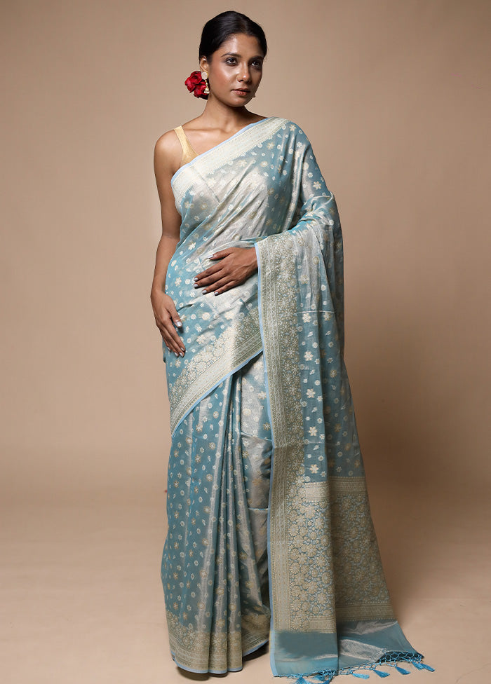 Blue Tissue Silk Saree With Blouse Piece