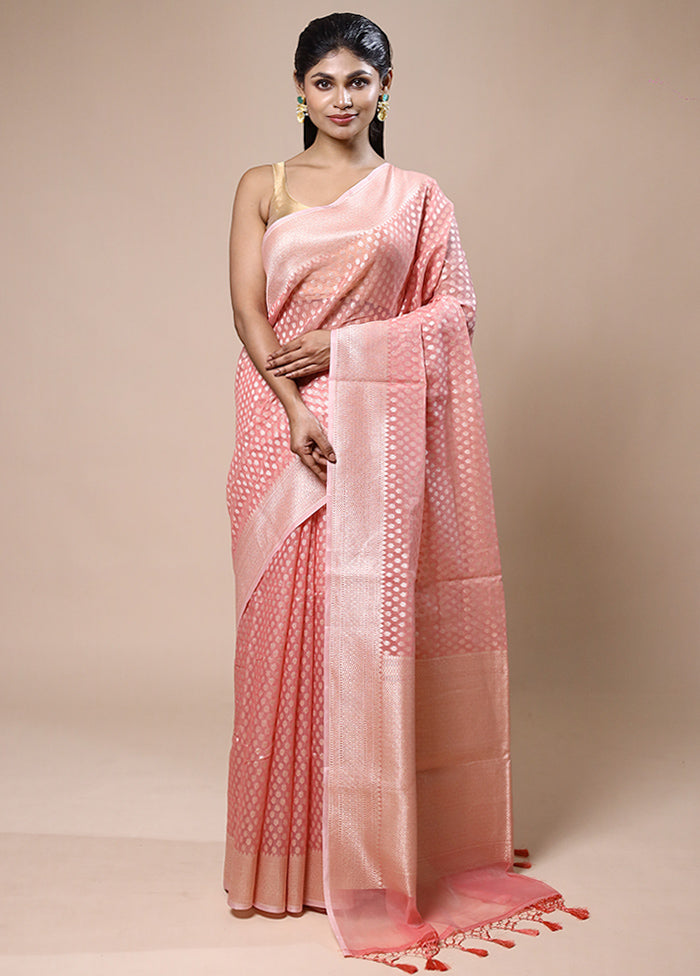Peach Kora Silk Saree With Blouse Piece