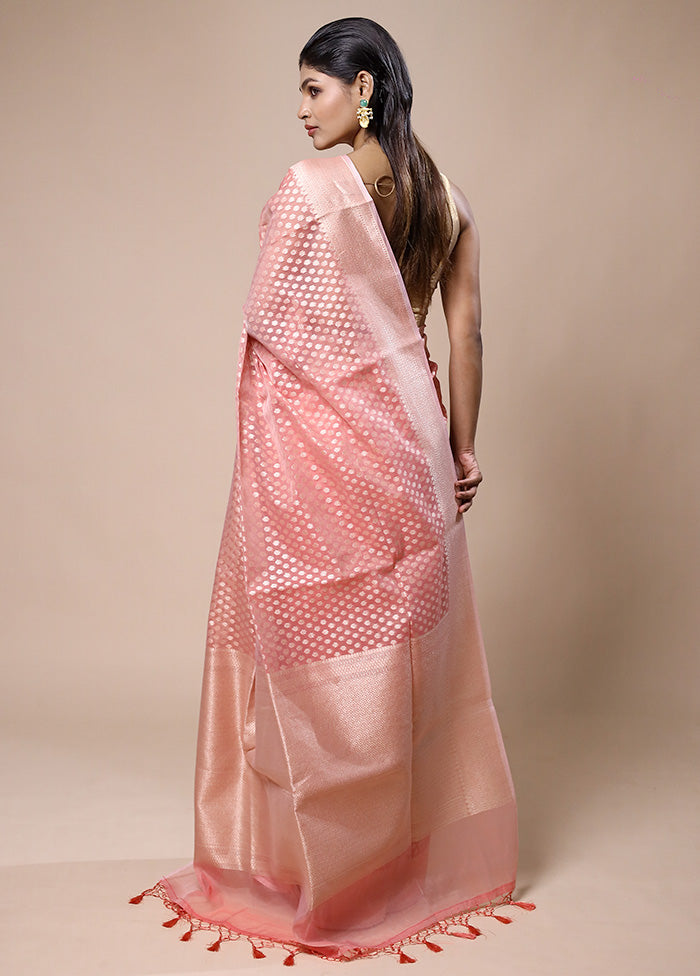 Peach Kora Silk Saree With Blouse Piece