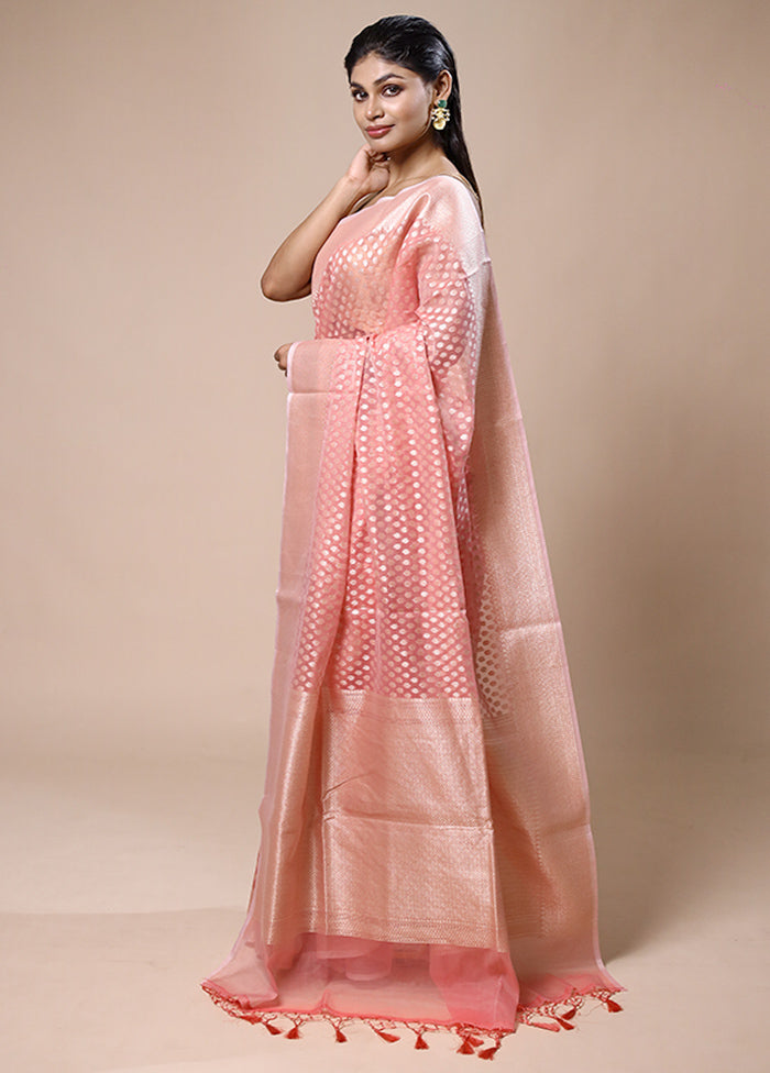 Peach Kora Silk Saree With Blouse Piece
