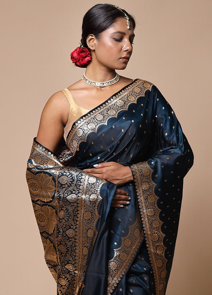 Blue Banarasi Silk Saree With Blouse Piece