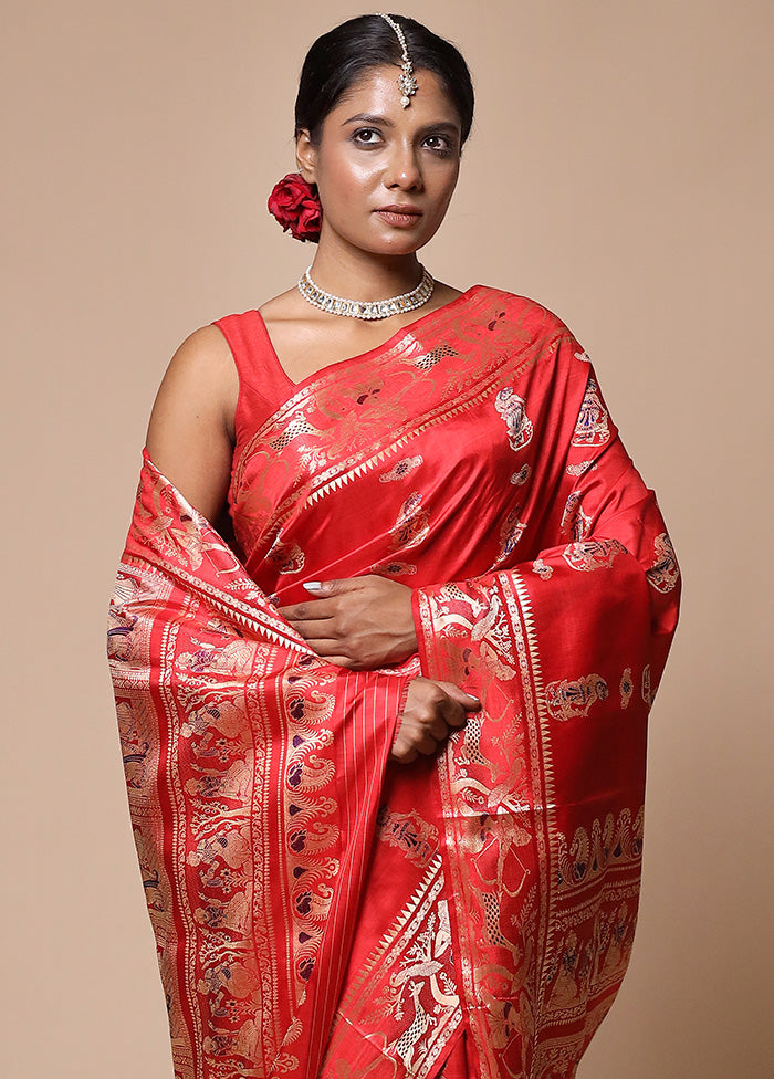 Red Handloom Baluchari Pure Silk Saree With Blouse Piece