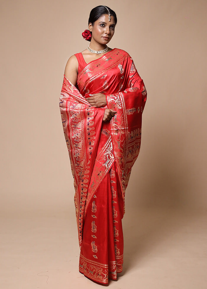 Red Handloom Baluchari Pure Silk Saree With Blouse Piece