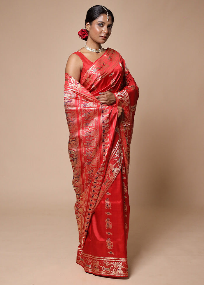 Red Handloom Baluchari Pure Silk Saree With Blouse Piece