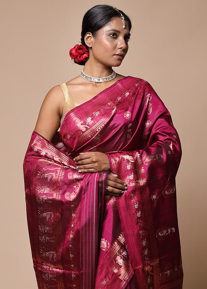 Pink Handloom Baluchari Pure Silk Saree With Blouse Piece