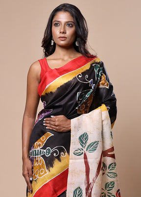 Black Printed Pure Silk Saree Without Blouse Piece