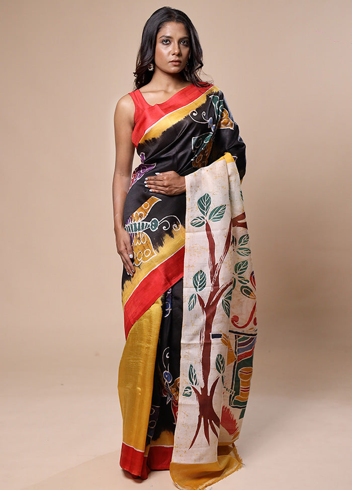 Black Printed Pure Silk Saree Without Blouse Piece