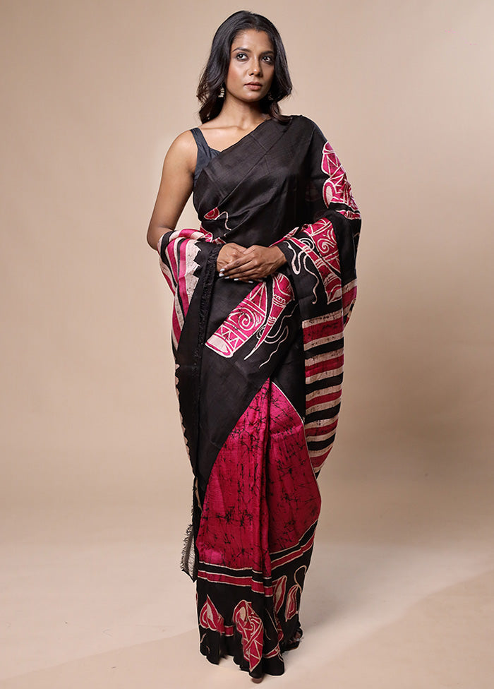 Black Printed Pure Silk Saree Without Blouse Piece