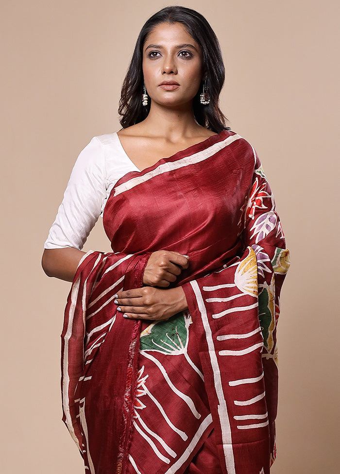 Maroon Printed Pure Silk Saree Without Blouse Piece